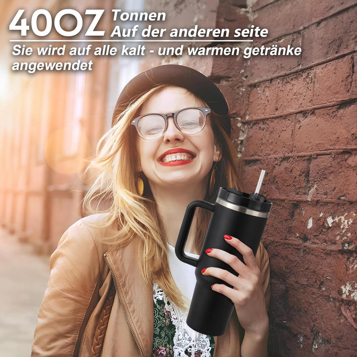 Praoahei 40oz Thermobecher mit Strohhalm und Henkel,1180 ML Doppelwandiger Edelstahl Heisse Kalte Ge