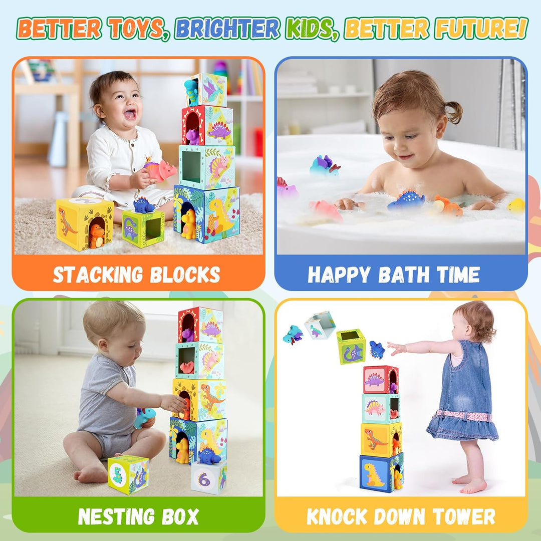 Baby Stapelwürfel und Stapelturm, Kinder Dinosaurier Montessori Spielzeug ab 1 2 3 Jahr, Geschenk ,