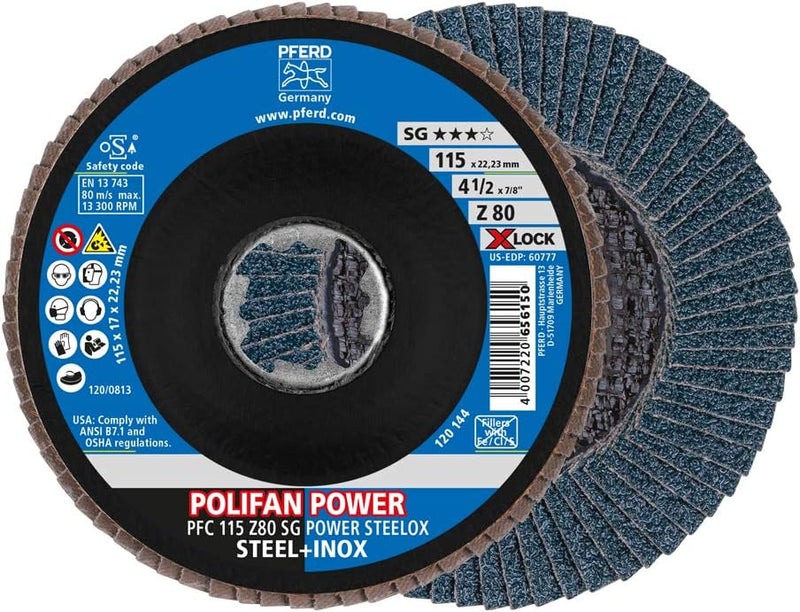 PFERD Fächerscheibe POLIFAN POWER, 10 Stück, 115mm, Z80, X-LOCK (22,23 mm), SG STEELOX, 67788117 – f