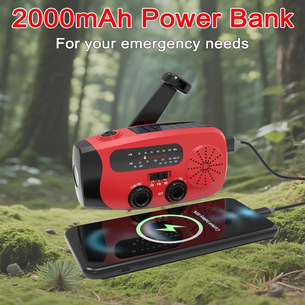 Aufziehbares Solarradio, Notfallradio, tragbares Solar-Notfallradio.2000 mAh wiederaufladbare Powerb