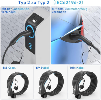 EVDANCE Typ 2 Ladekabel 22kW | 32A | 8m | 3-Phasig | Typ 2 auf Typ 2 | mit Tasche für E Auto EV/PHEV