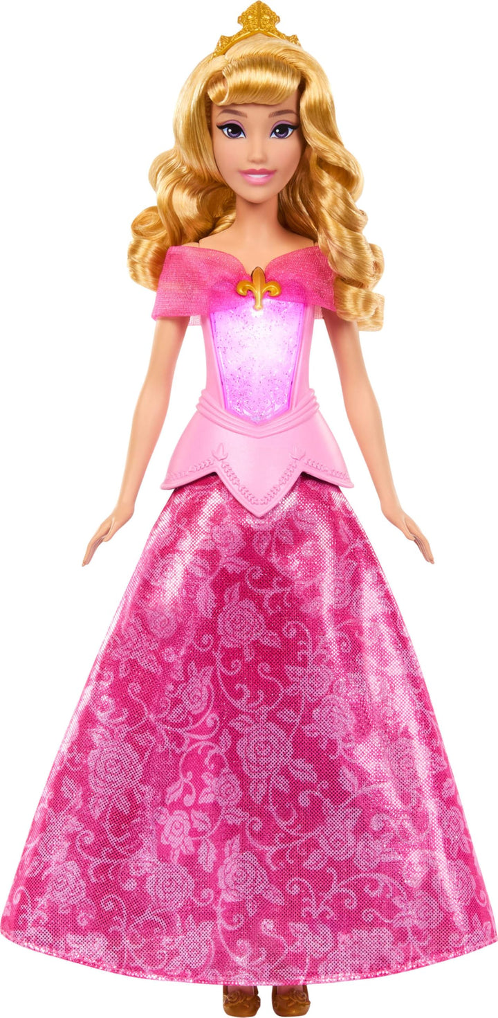 Mattel Disney Princess Aurora-Modepuppe mit leuchtendem Oberteil und Kleid mit Farbwechsel von rosa