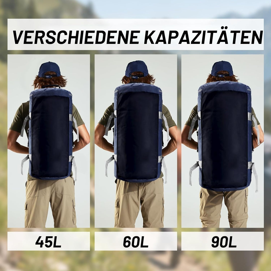 MIER Grosse Sporttasche wasserdicht Sportrucksack mit Schuhfach umwandelbar in Rucksack, 45L/60L/90L