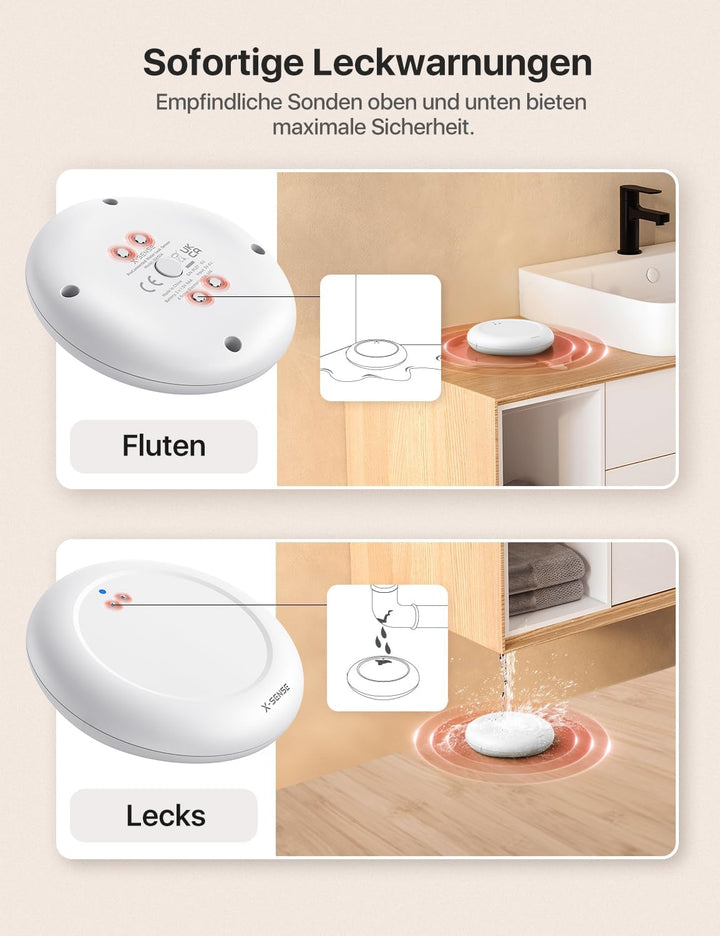 X-Sense Wassermelder WLAN, Smarter Wassermelder, mit App-Warnungen（nur 2.4Ghz）, wasserdicht nach IP6