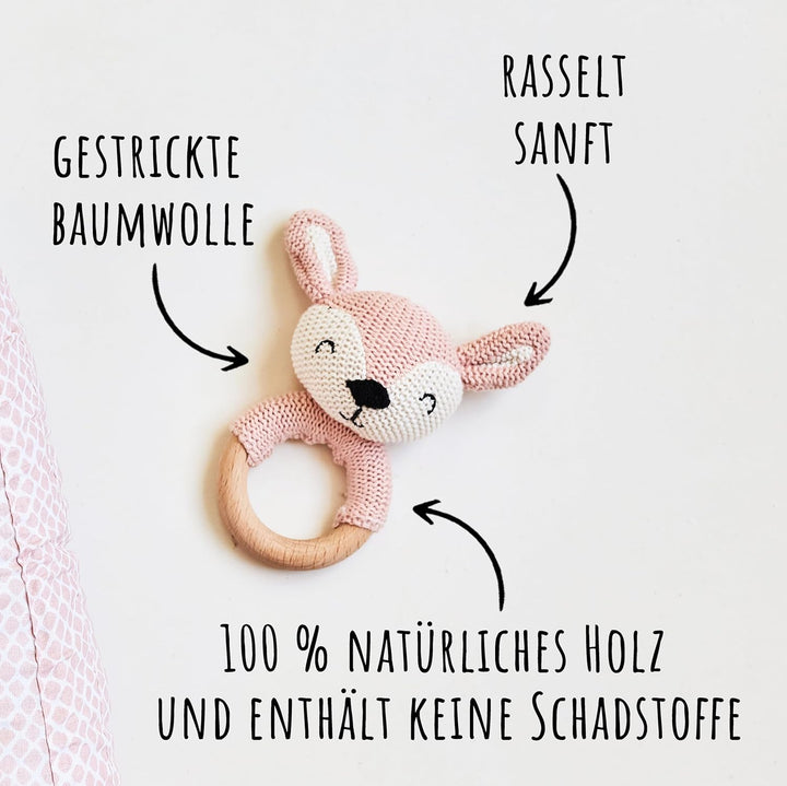 Personalisierter Beissring aus Holz für Babys - Niedlicher Greifling mit Name - Babyrassel und schön