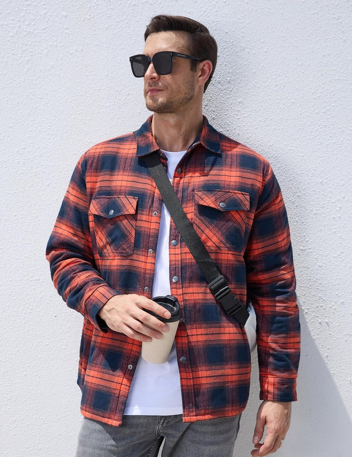 TACVASEN Herren Karierte Hemdjacke Flanellhemd Holzfällerhemd Thermohemd Jacke S Orange, S Orange