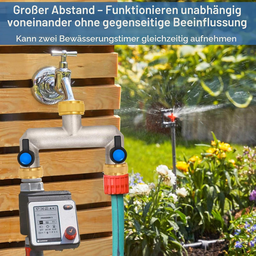 2-Wege Wasserhahn Wasserverteiler aus Messing für 2 Geräte/Gartenschläuche, 2er Verteiler 3/4" Adapt
