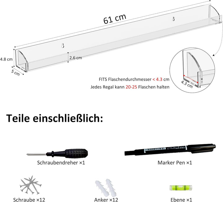 61CM Klare Nagellack-Wandregal mit Abnehmbarer Endkappe, 6er-Set, Acryl Organizer Wandmontiert, Nage