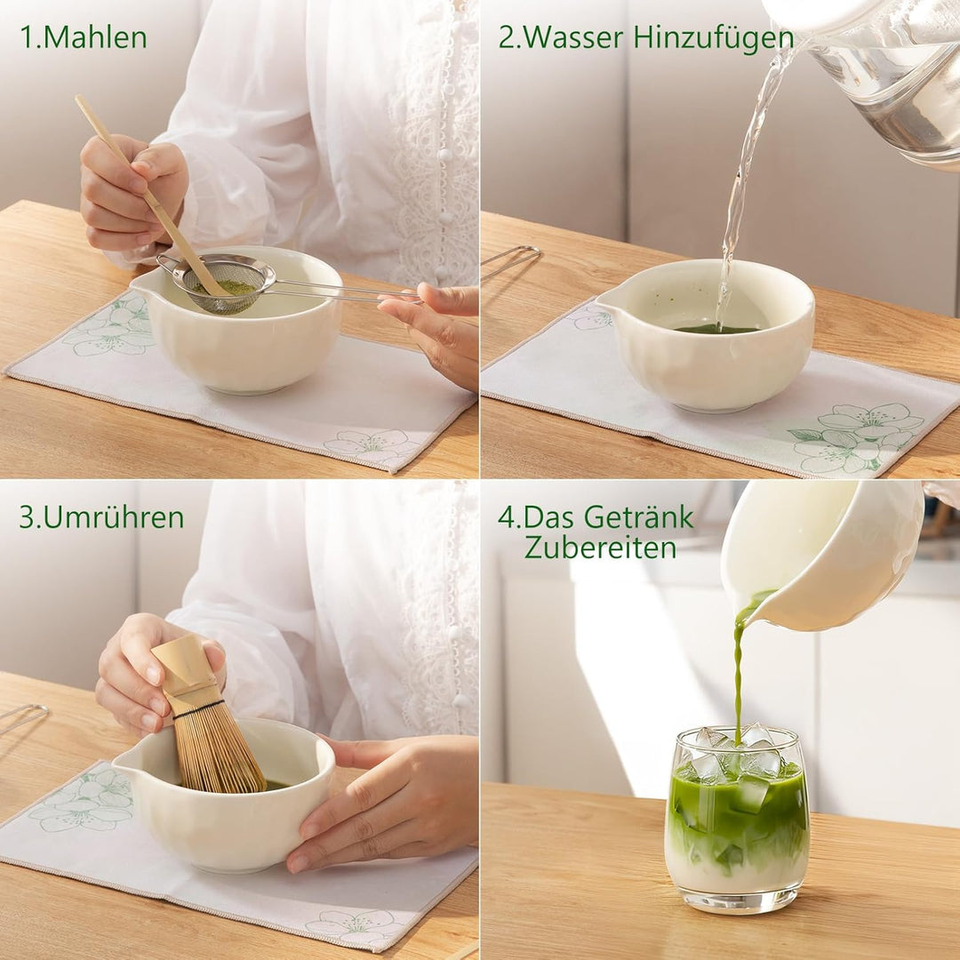 8 Stück Matcha Set Beige mit Besenhalter | Edelstahl-Sieb für klumpenfreien Matcha | Inkl Bambus bes
