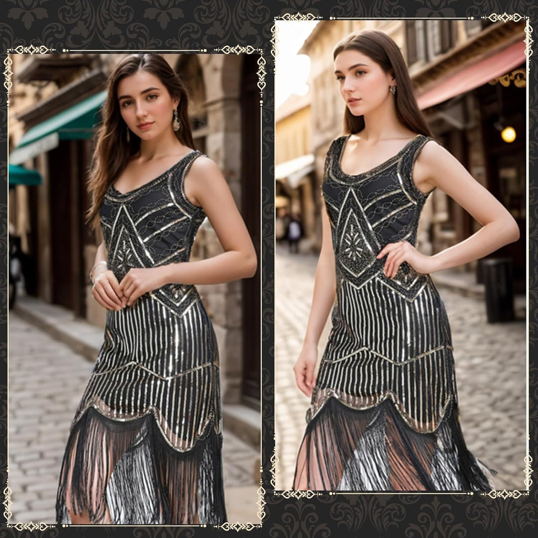 FEPITO 1920er Jahre V-Ausschnitt Pailletten Perlen Fransen Kleid mit 20er Jahren Zubehör Set Pure Bl