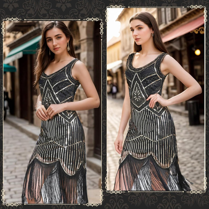 FEPITO 1920er Jahre V-Ausschnitt Pailletten Perlen Fransen Kleid mit 20er Jahren Zubehör Set Pure Bl