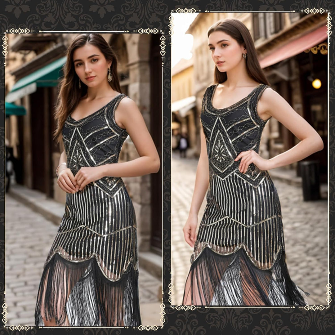 FEPITO 1920er Jahre V-Ausschnitt Pailletten Perlen Fransen Kleid mit 20er Jahren Zubehör Set Pure Bl