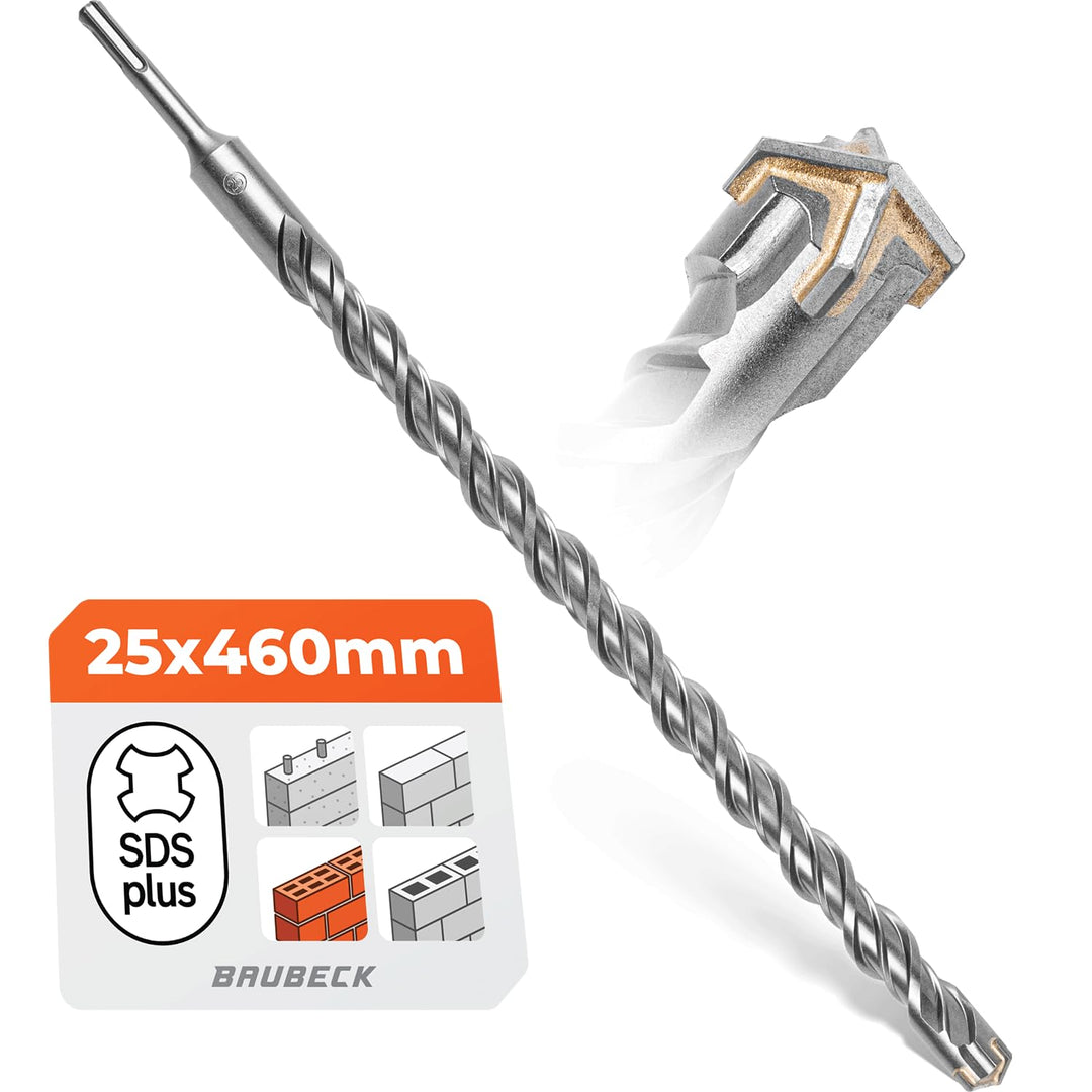 BAUBECK SDS Plus Bohrer 25mm x 460mm lang für Beton & Stein - Premium 40CR Stahl, langlebig - 4 Schn