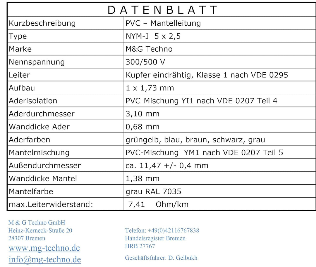M&G Techno 40m NYM-J 5x2,5 mm² Mantelleitung Feuchtraumkabel Elektrokabel Kupfer Made in Germany, 40
