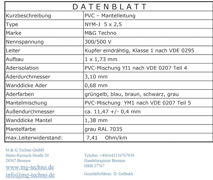 M&G Techno 40m NYM-J 5x2,5 mm² Mantelleitung Feuchtraumkabel Elektrokabel Kupfer Made in Germany, 40