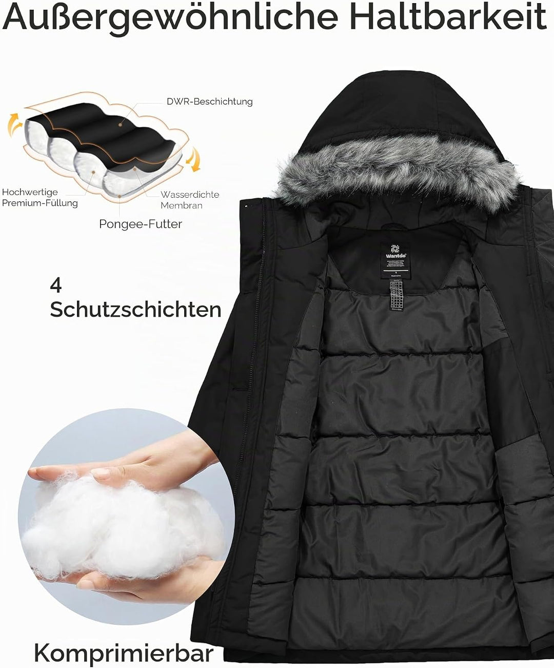 Wantdo Damen Winter Warm Puffer Mantel Wasserabweisend Outdoor Jacke Winddichte Oberbekleidung Mante
