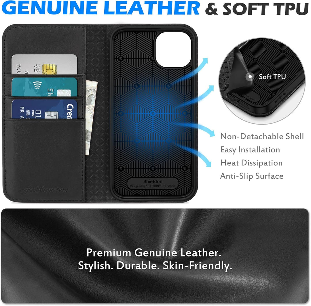SHIELDON Hülle für iPhone 15 Plus, 5G Handyhülle [Echtleder] [Kartenfach] [Magnet] [Standfunktion] [