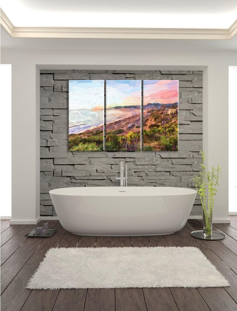 Pixxprint Küste und Strand mit Häusern als Leinwandbild/Grösse: 3 Teilig (120x80) cm/Wandbild/Kunstd