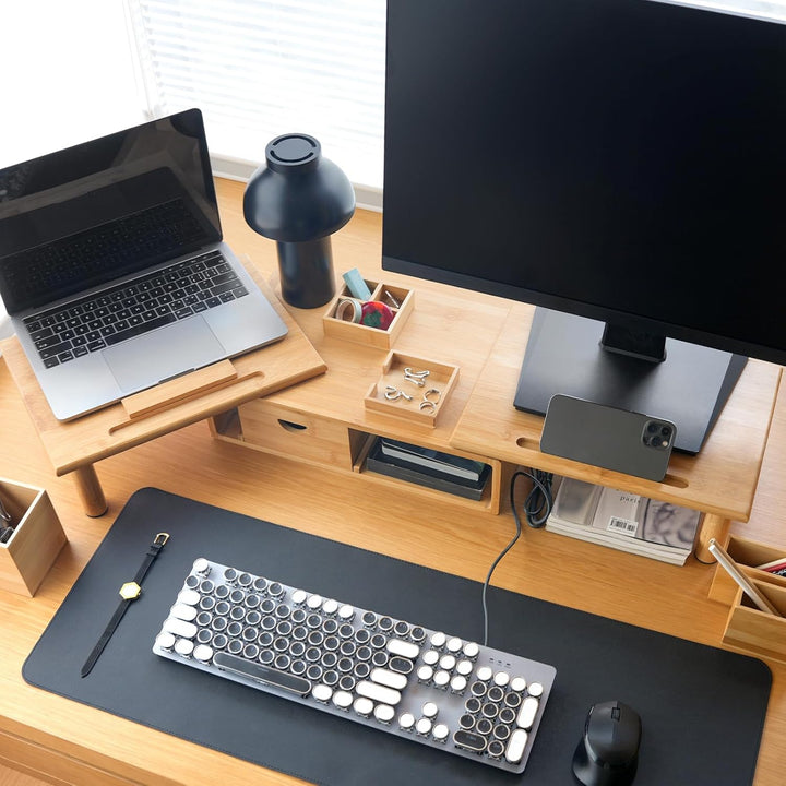 ROCDEER Bamboo Dual Monitor Regal für 2 Monitore, Monitor Stand Riser, darunter Lagerung für Schreib