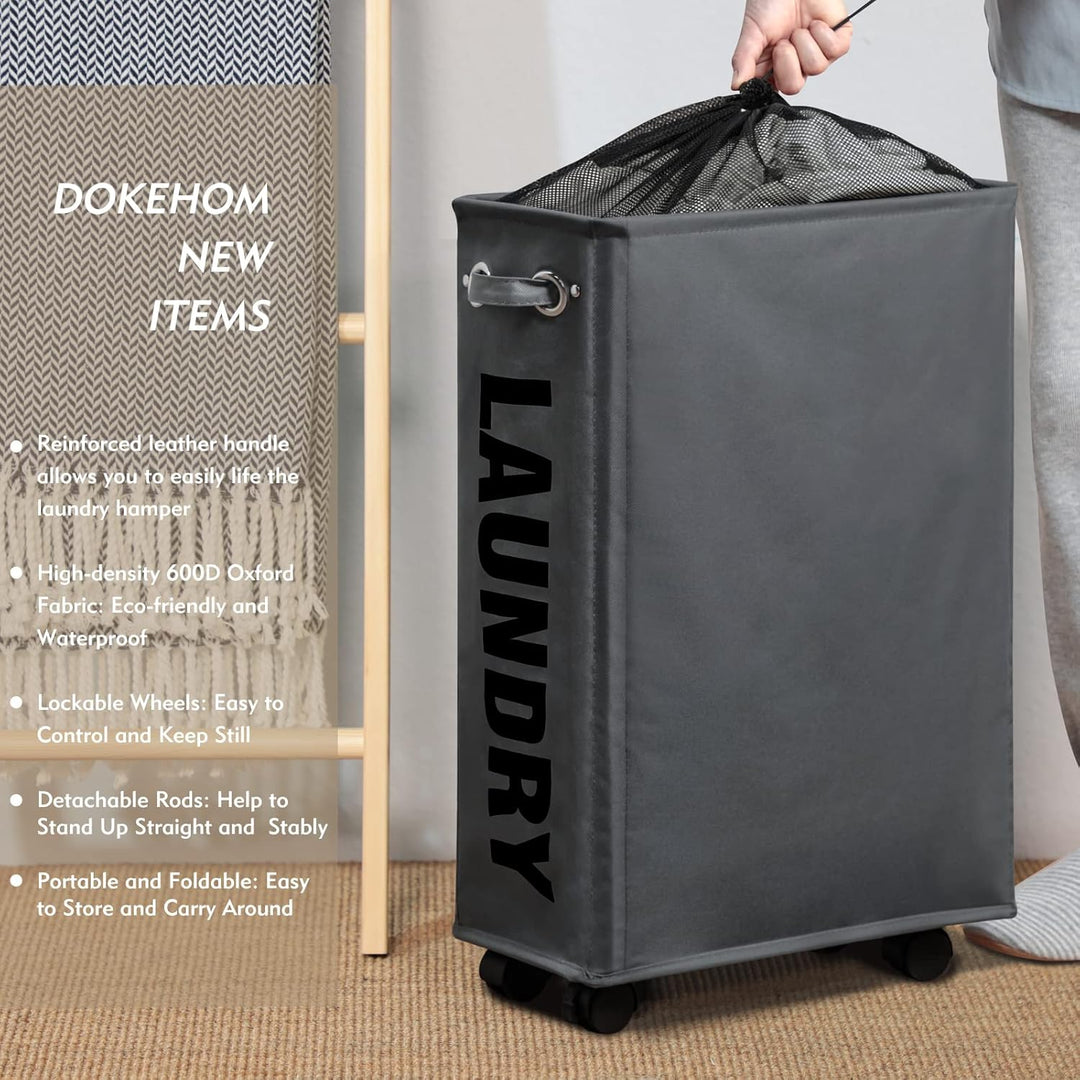 DOKEHOM 25-Inches Slim Wäschekorb auf Rollen, Zusammenklappbarer Rollender Wäschekorb, Faltbare schm
