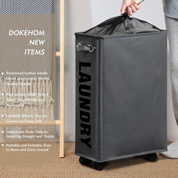 DOKEHOM 25-Inches Slim Wäschekorb auf Rollen, Zusammenklappbarer Rollender Wäschekorb, Faltbare schm