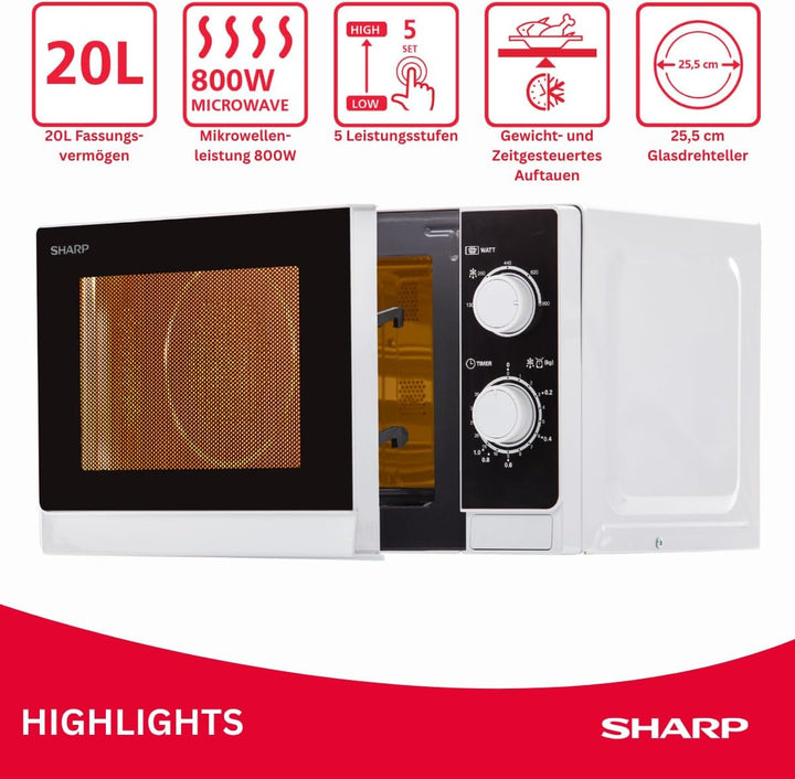 Sharp R200INW Solo-Mikrowelle / 20 L / 800 W / 5 Leistungsstufen / Timer von 35 Minuten bis 00 Sekun