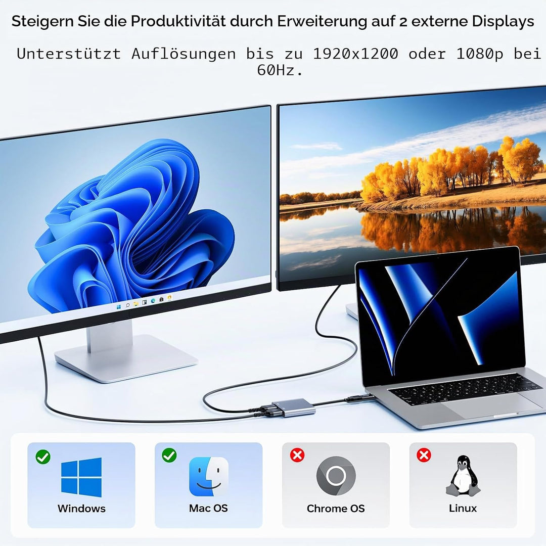 KCEVE USB zu HDMI Adapter für Zwei Monitore, USB C zu 2 HDMI -Multiport -Splitter erweiterter Displa