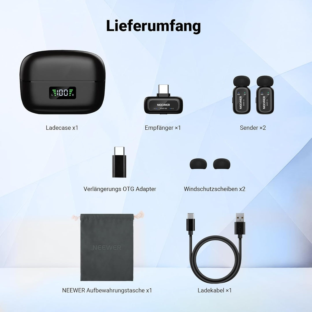 NEEWER KM19 drahtloses Lavalier Mikrofon, 48kHz/24 Bit, 30h Akkulaufzeit, 3 stufige Geräuschunterdrü