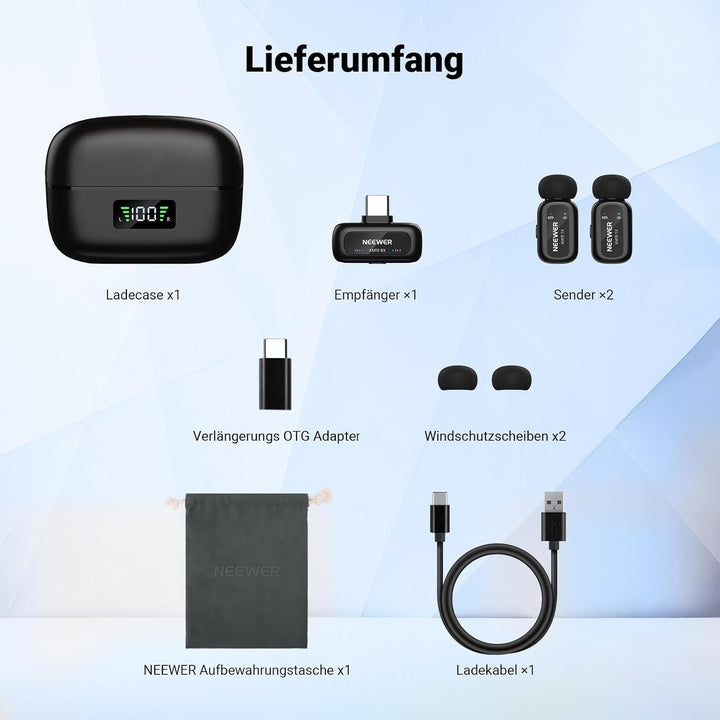 NEEWER KM19 drahtloses Lavalier Mikrofon, 48kHz/24 Bit, 30h Akkulaufzeit, 3 stufige Geräuschunterdrü