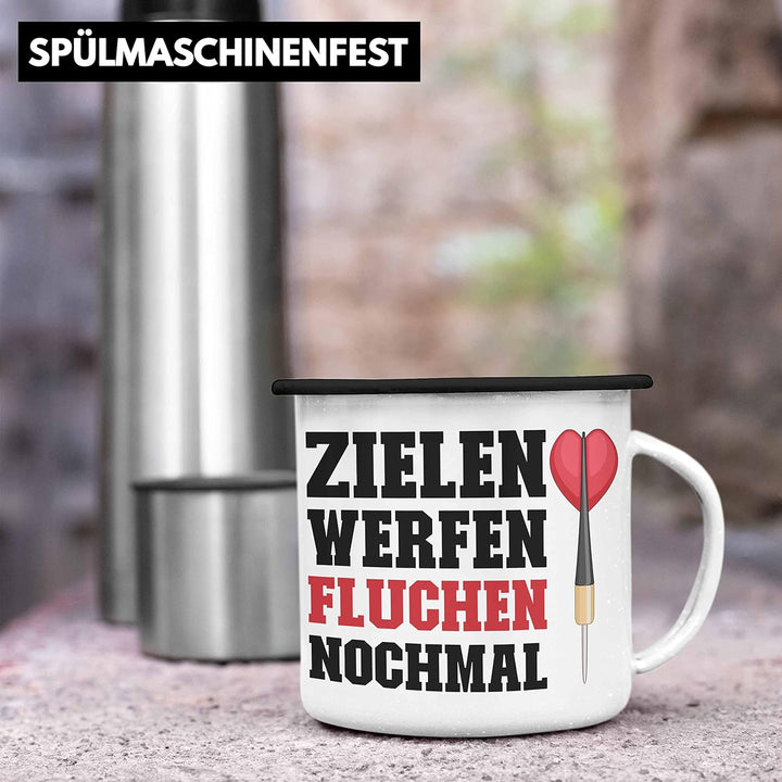 Trendation - Dart Emaille Tasse Dartpfeil Zielen Werfen Fluchen Nochmal Spruch Männer Dart-Spieler G
