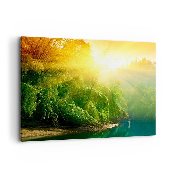Bilder auf Leinwand 100x70cm Leinwandbild mit Rahmen Tropen Bäume Fluss Gross Wanddeko Bild Schlafzi