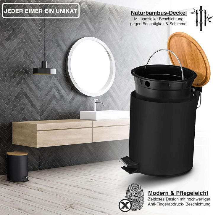 VMbathrooms 5L Kosmetikeimer in edlem schwarzem Design | Tretmülleimer mit Absenkautomatik (Soft Clo