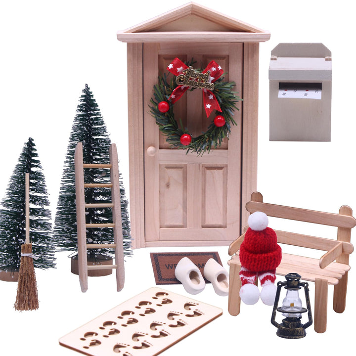 Nabeta Deco Wichteltür Zubehör Wichteltür Set Weihnachtsbaum Dekokranz Holzleiter Teppich Bank Hüte