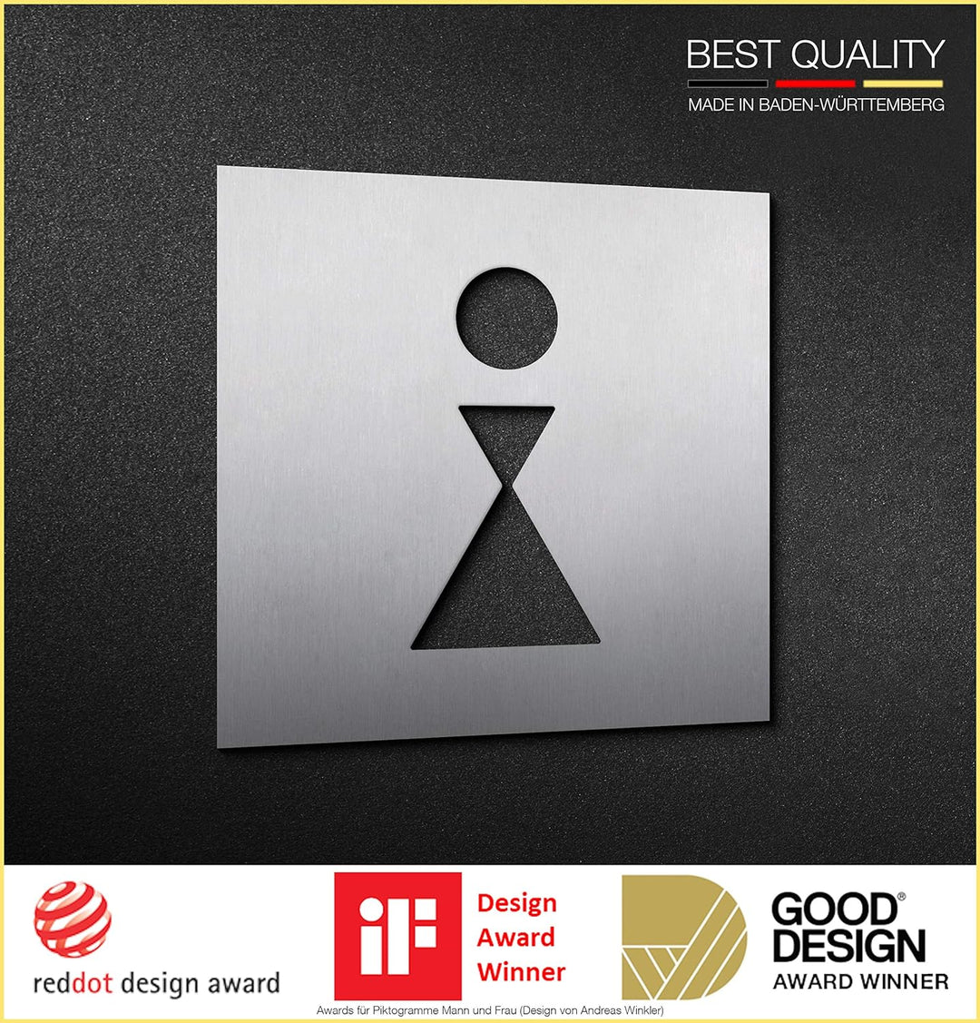 PHOS Design, PS0401K, WC Türschild Frau, 12 x 12 cm, Toilettensymbold mit Design Award, Edelstahl ma
