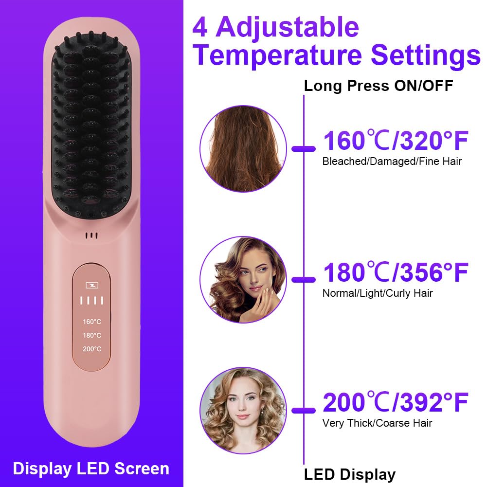 LOPHE Mini Haarglätterbürste, Glättbürste Kabellos, Hair Straightener Comb mit LCD-Bildschirm 3-Stuf