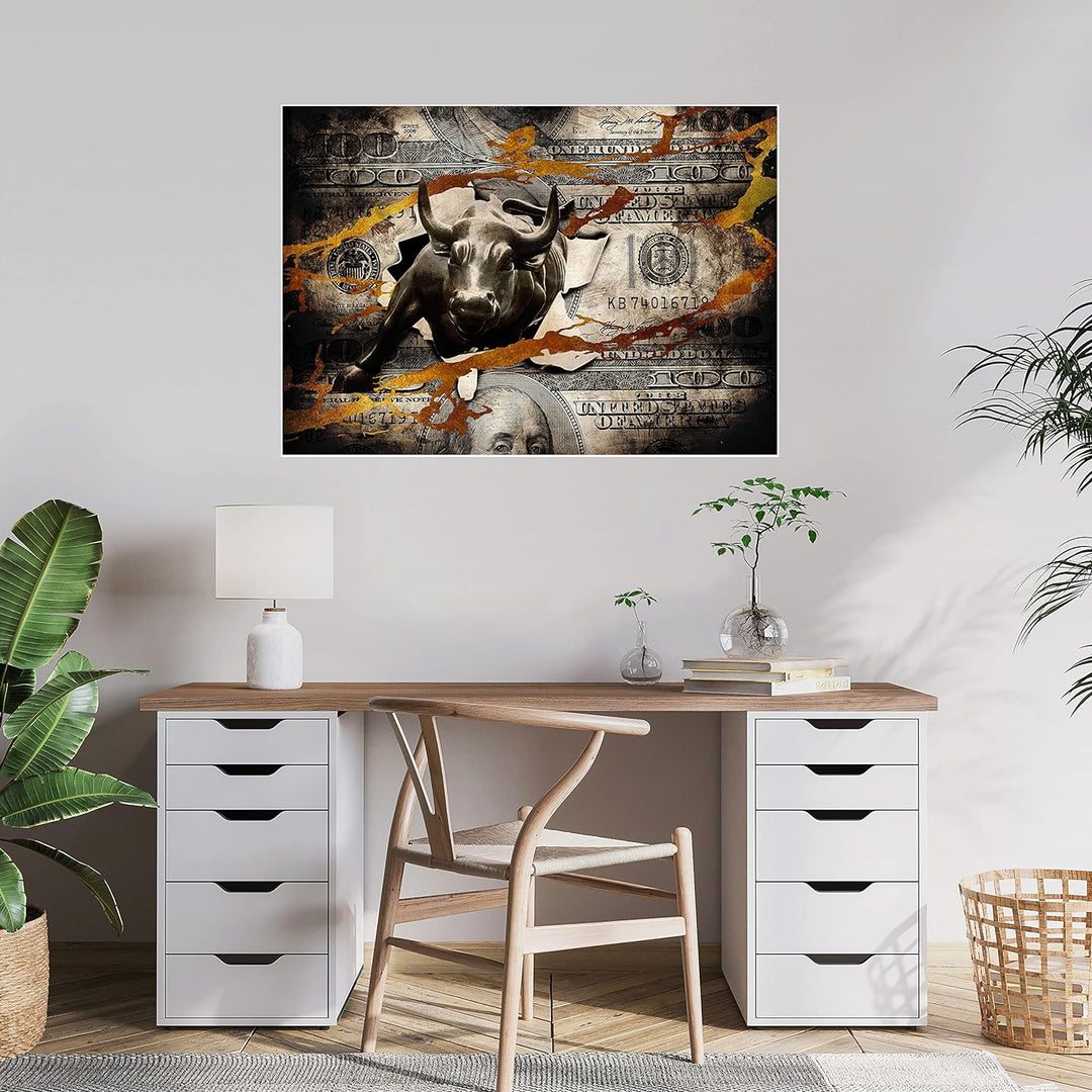 wandmotiv24 Poster als Wanddeko, Grösse Din A1, Stier stürmt durch Geldschein, Dollar, Geld, Tier, M