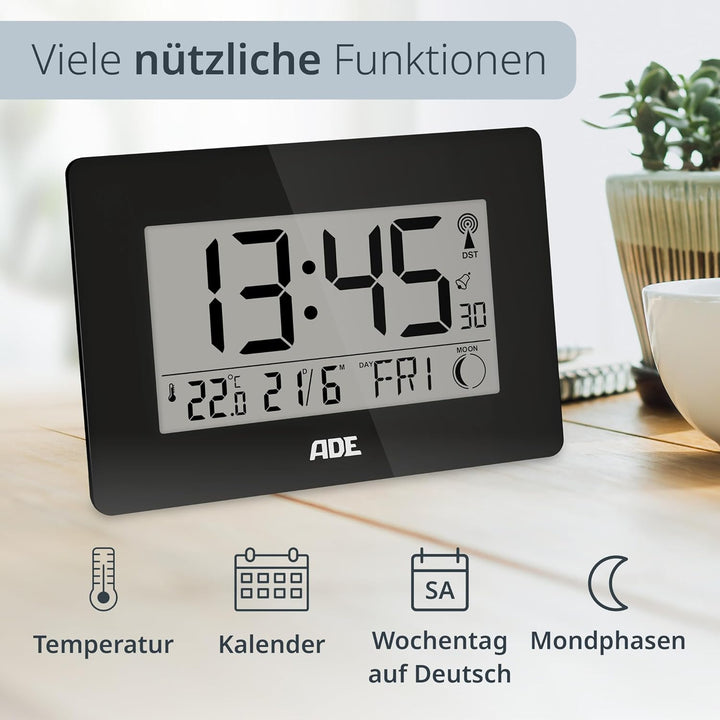 ADE Grosse Funkuhr digital mit XXL-Ziffern | Tischuhr mit Kalender und Wochentag | Digitale Uhr mit