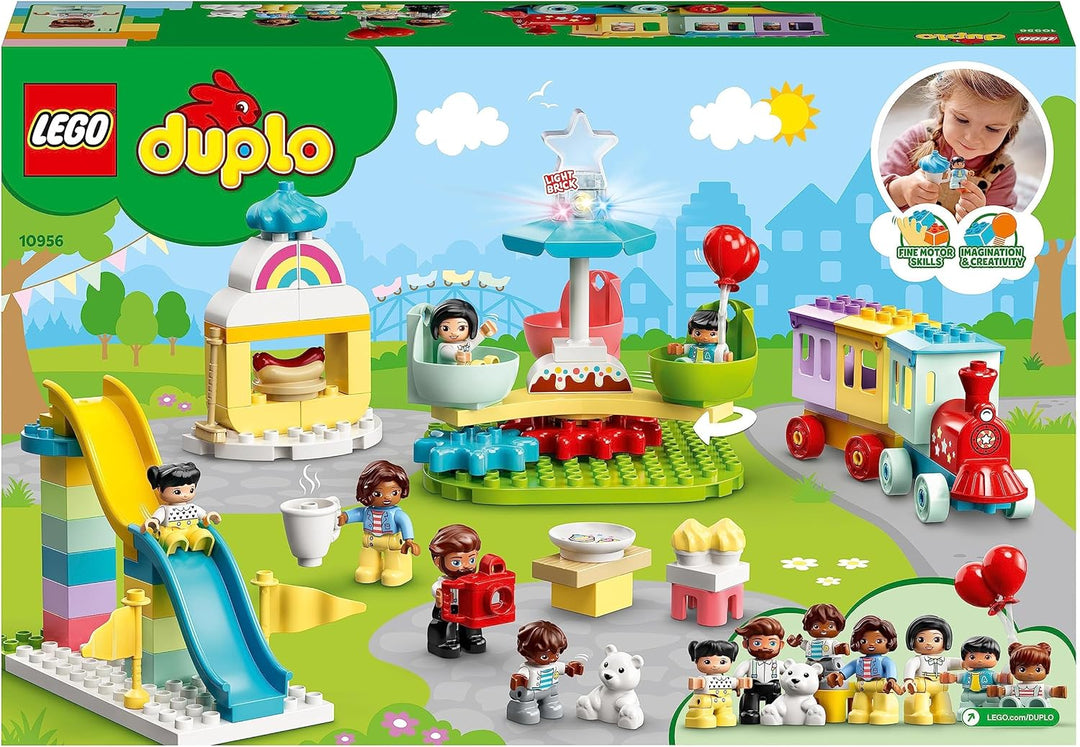 LEGO 10956 DUPLO Erlebnispark, Kinderspielzeug ab 2 Jahre mit Jahrmarkt und Zug für Mädchen und Jung