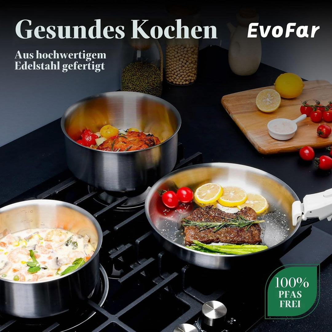 EvoFar Topfsets Edelstahl Pfannenset 14Stk Kochgeschirr Set mit Abnehmbaren Griffen, Pfanne 24cm, To