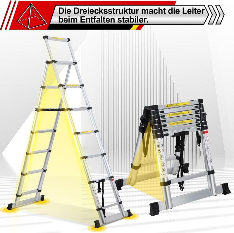 Lospitch 2M+2.3M Teleskopleiter Klappleiter, Rutschfester Aluleiter Mehrzweckleiter Ausziehbare Leit