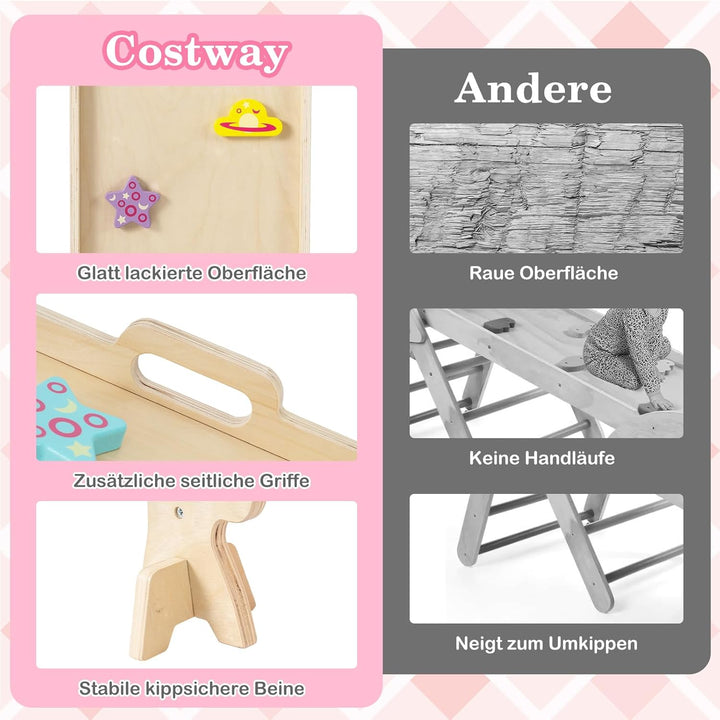 COSTWAY Klettergerüst Indoor 4er Set, klappabres Kletterdreieck mit Rutsche, Kletterbogen, Netz, ink