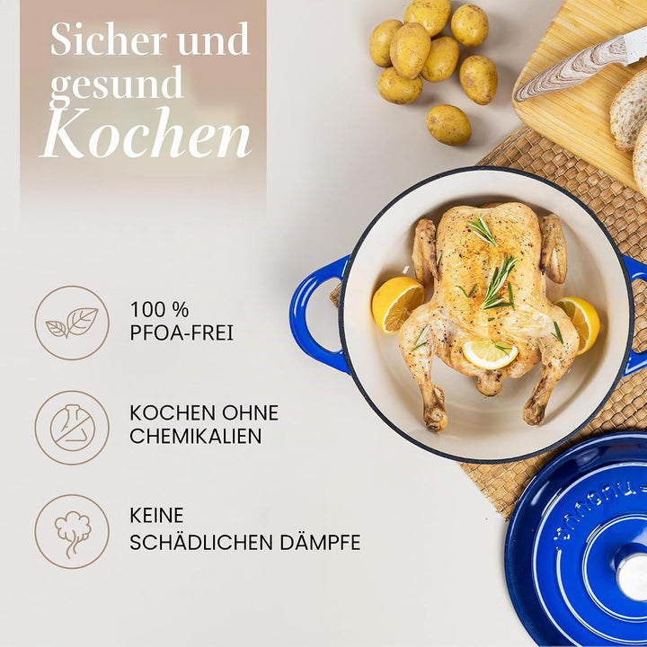 Gusseisen Dutch Oven mit Deckel – Emaille-Topf mit Antihaft, Ofenfest bis 260°C – Dunkelblau, 4.7 Li