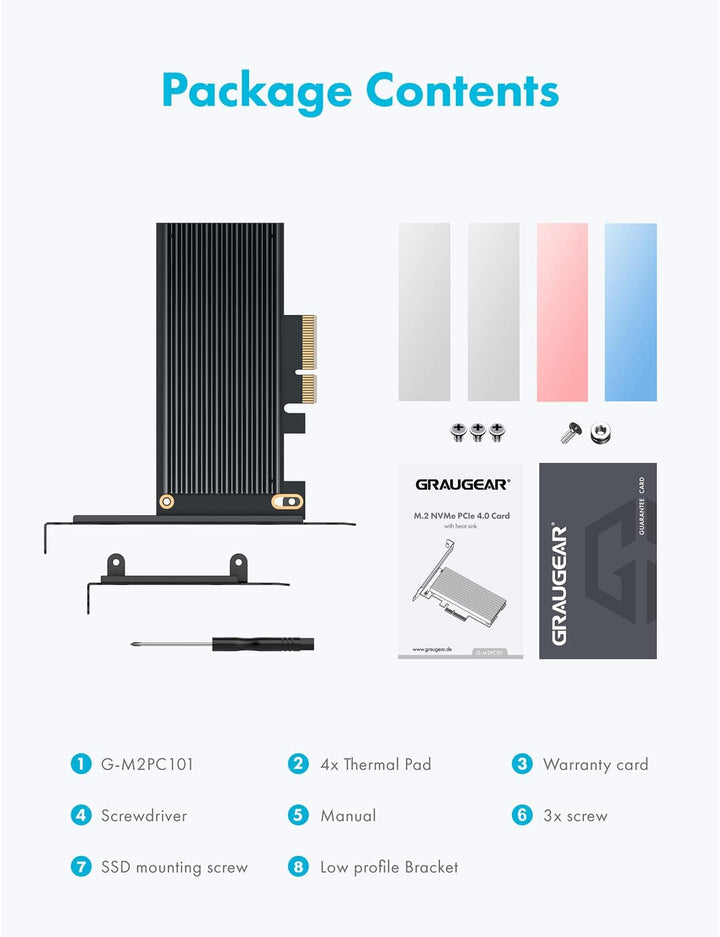 GRAUGEAR M.2 PCIe 4.0 Adapter-Karte für NVMe SSD, M-Key, grosser Aluminium-Kühlkörper, Unterstützt 2