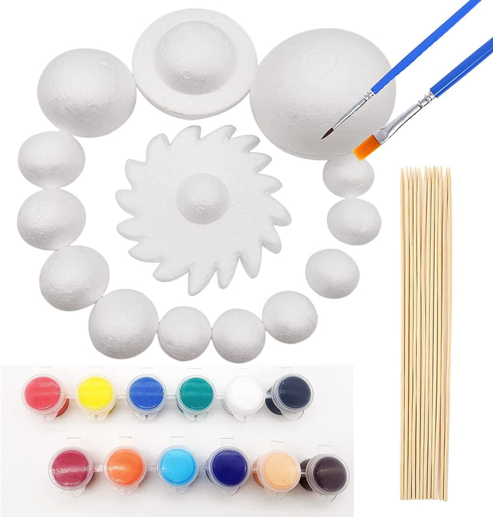 Solar System Modell Kit für Kinder mit 14 Schaumkugel, 12 Bambusstäbe, 12 Farbpigmente, 2 Malpinsel