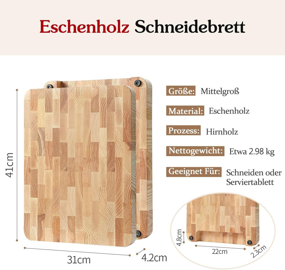 HEZHEN Schneidebrett, Eschenholz Hirnholz Hackbretter, Eingebauter Griff Platz für Auffangschale, Se