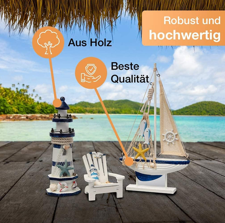 Flanacom Badezimmer Deko - 3er Set - Maritime Badezimmer Deko - Leuchtturm, Segel-Schiff und Strand-