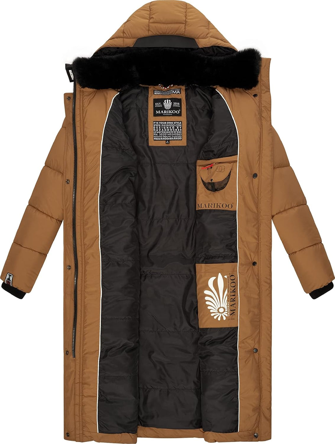 MARIKOO Damen Wintermantel Warmer Steppmantel lang mit Abnehmbarer Kapuze Reliziaa XS-3XL L Camel, L