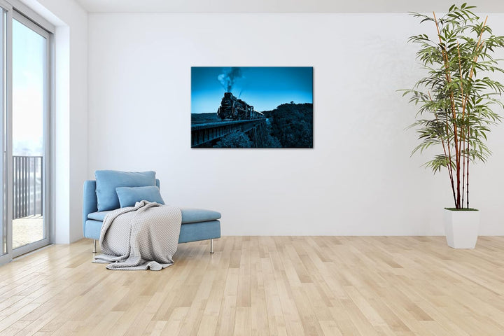 deyoli Atemberaubend altmodische Lokomotive Format: 100x70 Effekt: Monocrome Blau als Leinwandbild,