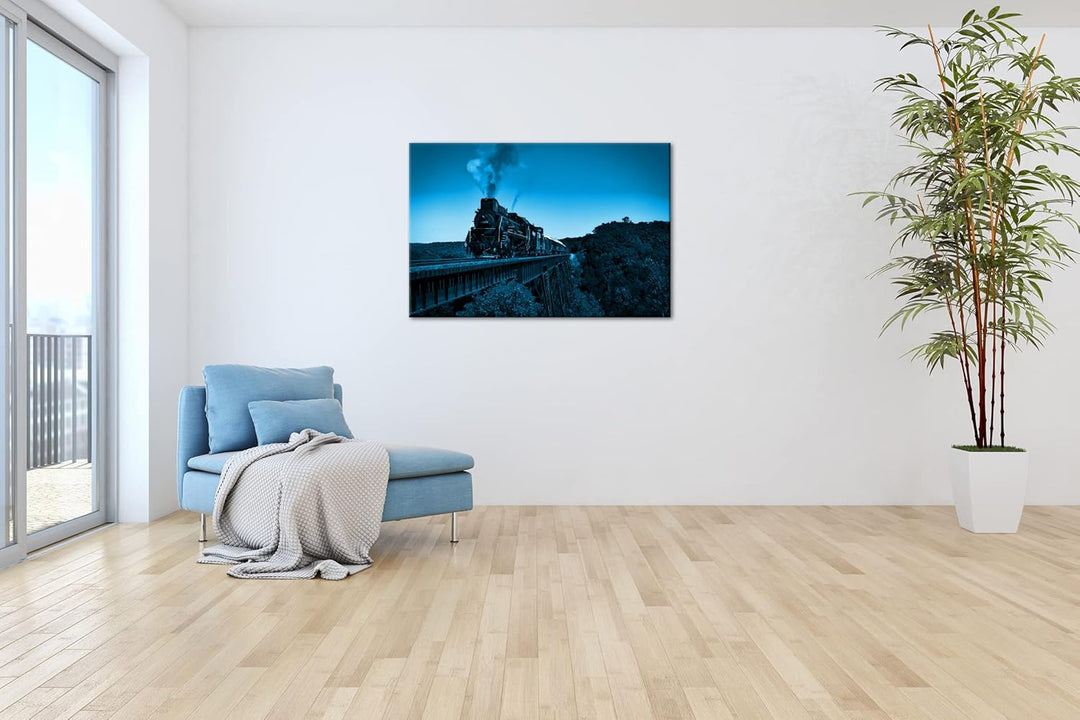 deyoli Atemberaubend altmodische Lokomotive Format: 120x80 Effekt: Monocrome Blau als Leinwandbild,