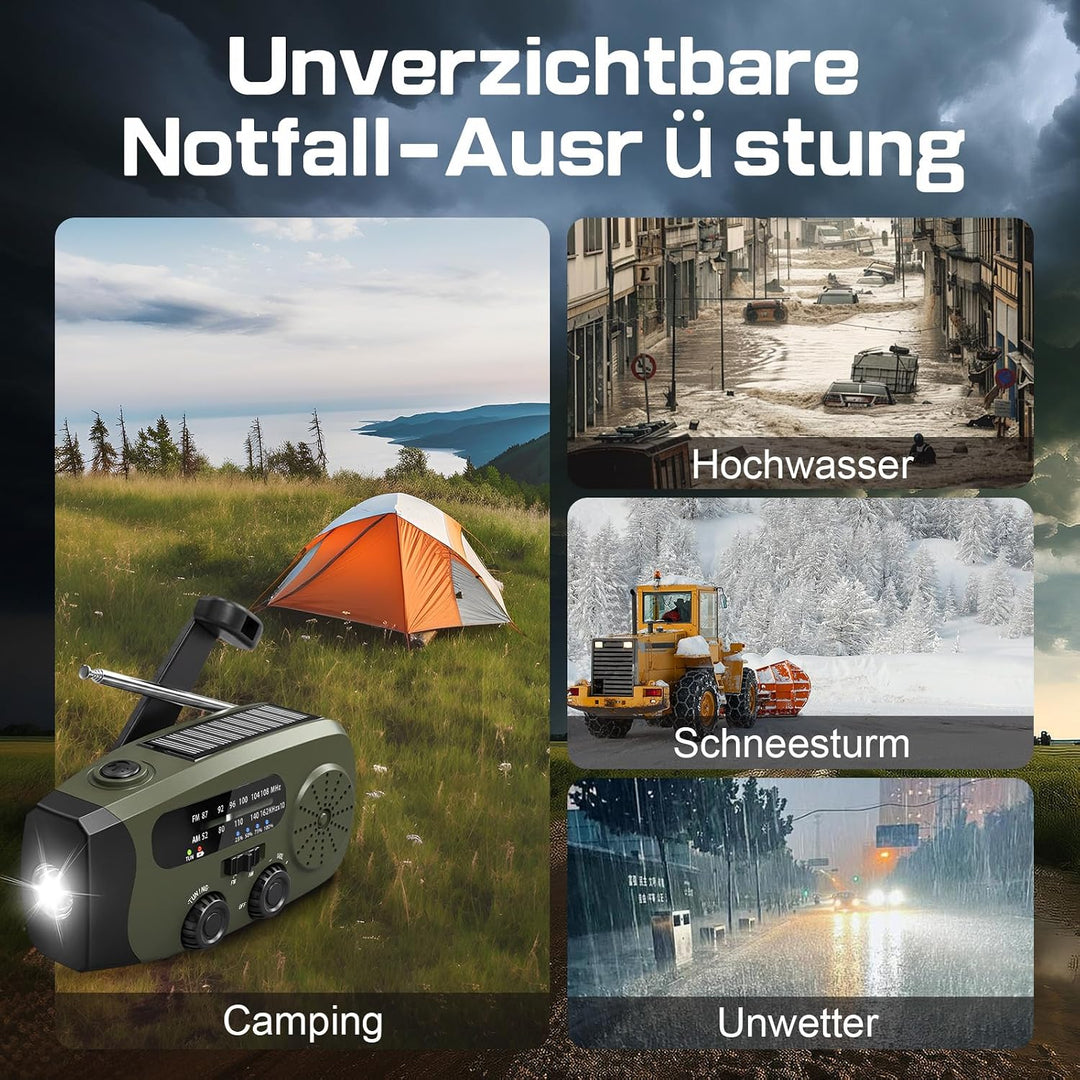 Notfall Kurbel Radio, 2000mAh/7400mWh Akku Kurbelradio Solar Batterie Power Bank USB AM/FM Radio mit
